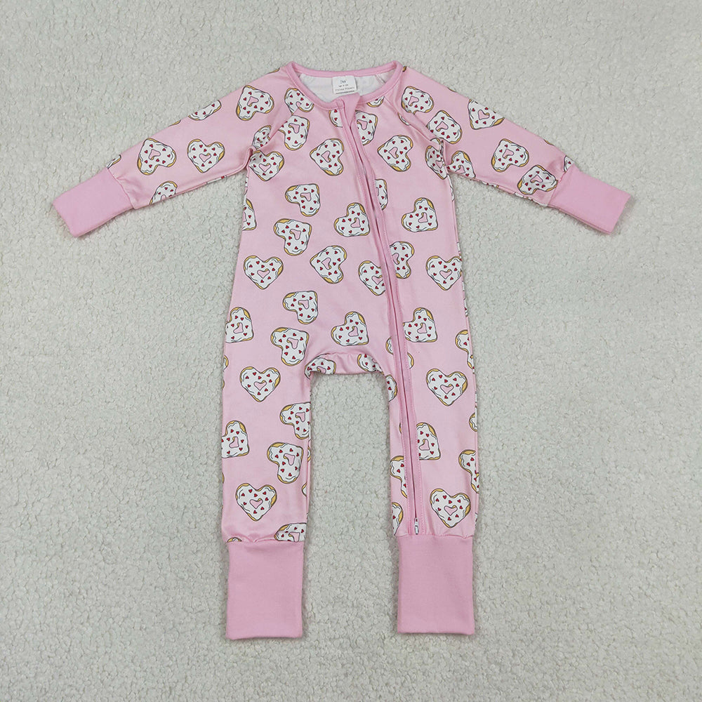 LR2960 Heart Donuts Pink Print Baby Girls Valentine's Day Zipper Sleeper Romper