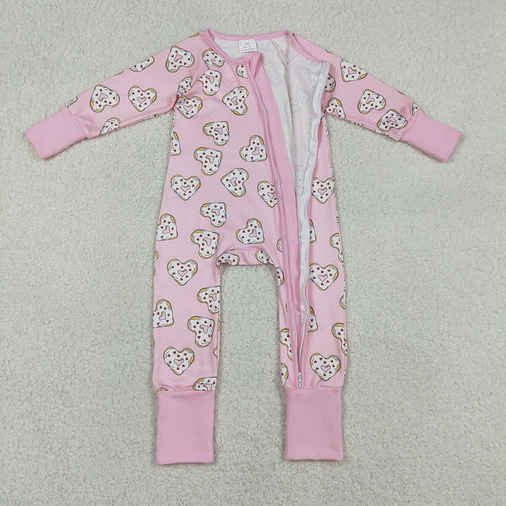 LR2960 Heart Donuts Pink Print Baby Girls Valentine's Day Zipper Sleeper Romper