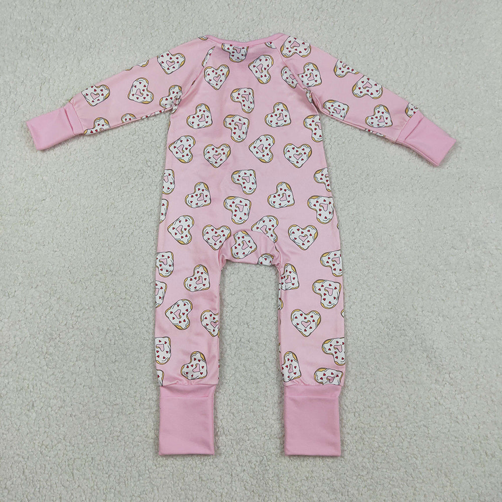 LR2960 Heart Donuts Pink Print Baby Girls Valentine's Day Zipper Sleeper Romper