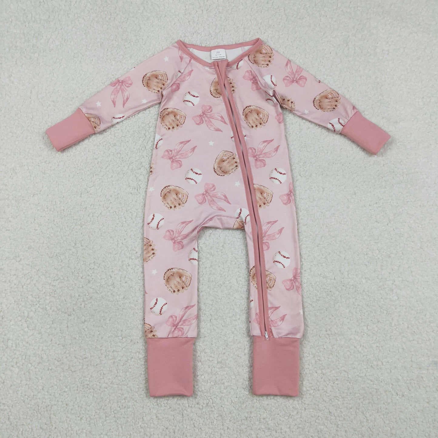LR2967 Baseball Pink Bows Print Baby Girls Zipper Sleeper Romper