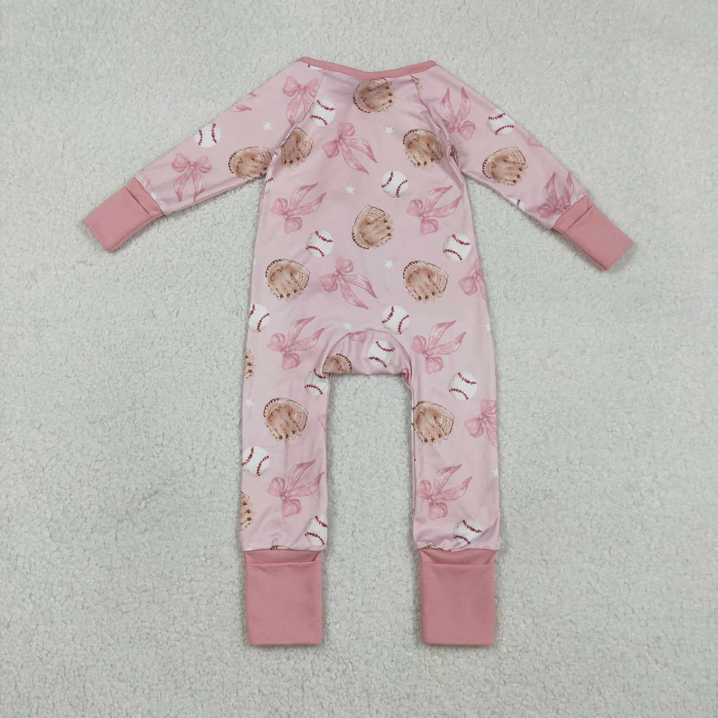 LR2967 Baseball Pink Bows Print Baby Girls Zipper Sleeper Romper