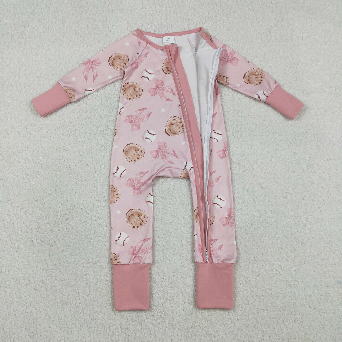 LR2967 Baseball Pink Bows Print Baby Girls Zipper Sleeper Romper