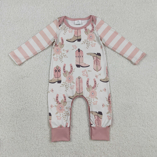LR2976 Boots Flowers Pink Print Baby Girls Western Romper