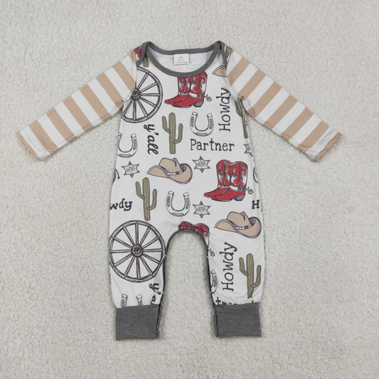 LR2977 Howdy Boots Hat Cactus Print Baby Boys Western Romper