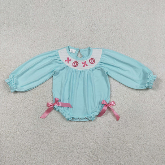 LR2982  XOXO Embroidery Blue Baby Girls Valentine's Day Smocked Romper