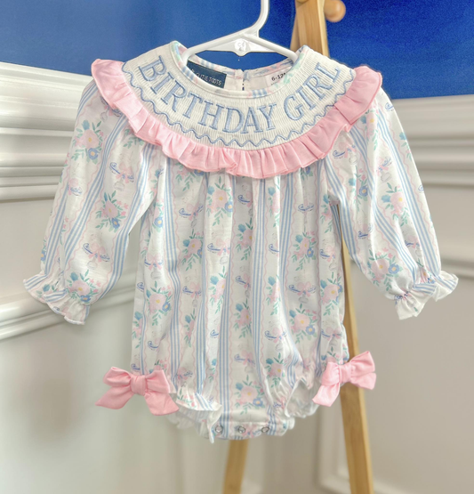 (Pre-order)LR2992 BIRTHDAY GIRL Flowers Cake Print Baby Girls Bubble Romper