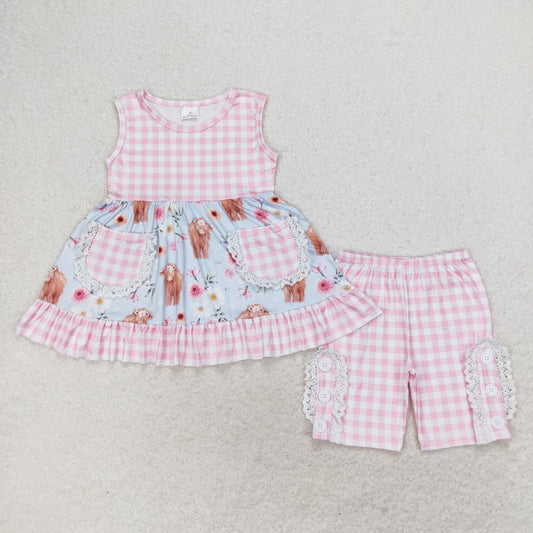 GSSO1161  Flowers Highland Cow Tunic Top Plaid Shorts Girls Summer Clothes Set