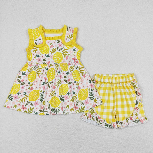 GSSO0752 Lemon Flowers Tunic Top Plaid Shorts Girls Summer Clothes Set