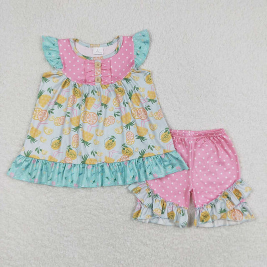 GSSO0782  Lemon Tunic Top Pink Dots Shorts Girls Summer Clothes Set