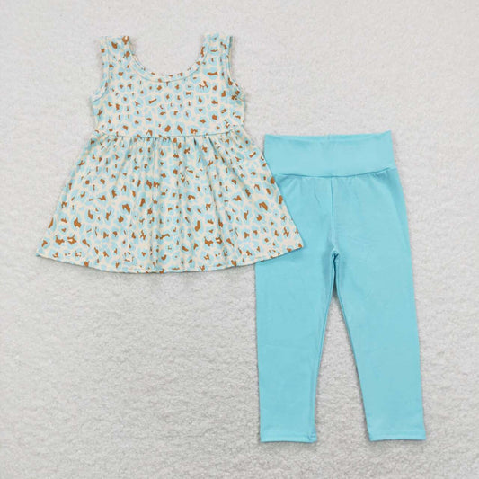 GSPO1177 Leopard Tunic Top Aqua Legging Pants Girls Clothes Set