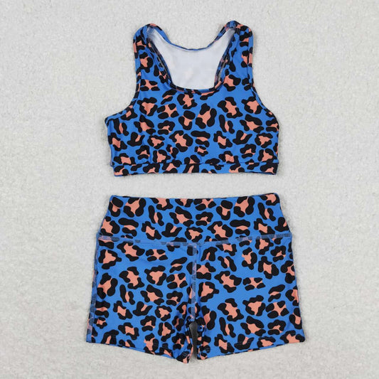 GSSO0901  Blue Leopard Print Girls Summer Clothes Set