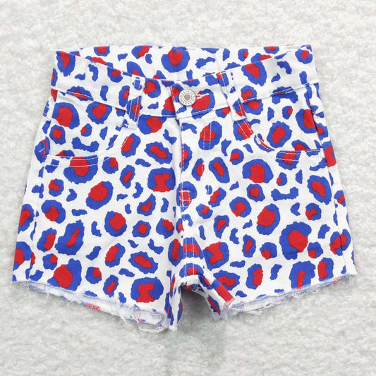 SS0167 Blue Red Leopard White Denim 4th of July Jeans Girls Shorts
