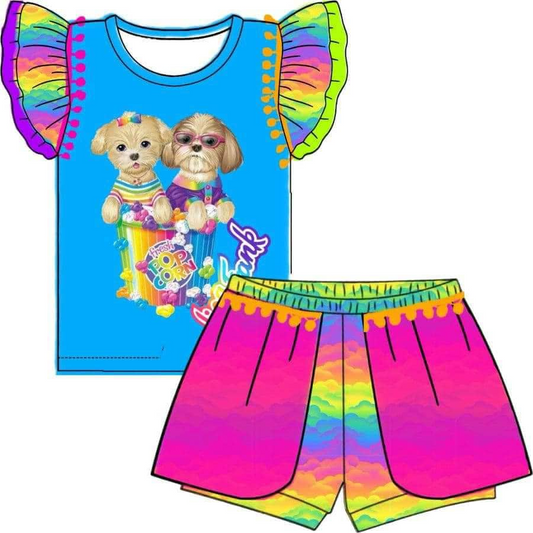(Custom Design Preorder MOQ 5) Cartoon Animals Lisa Print Girls Summer Clothes Set