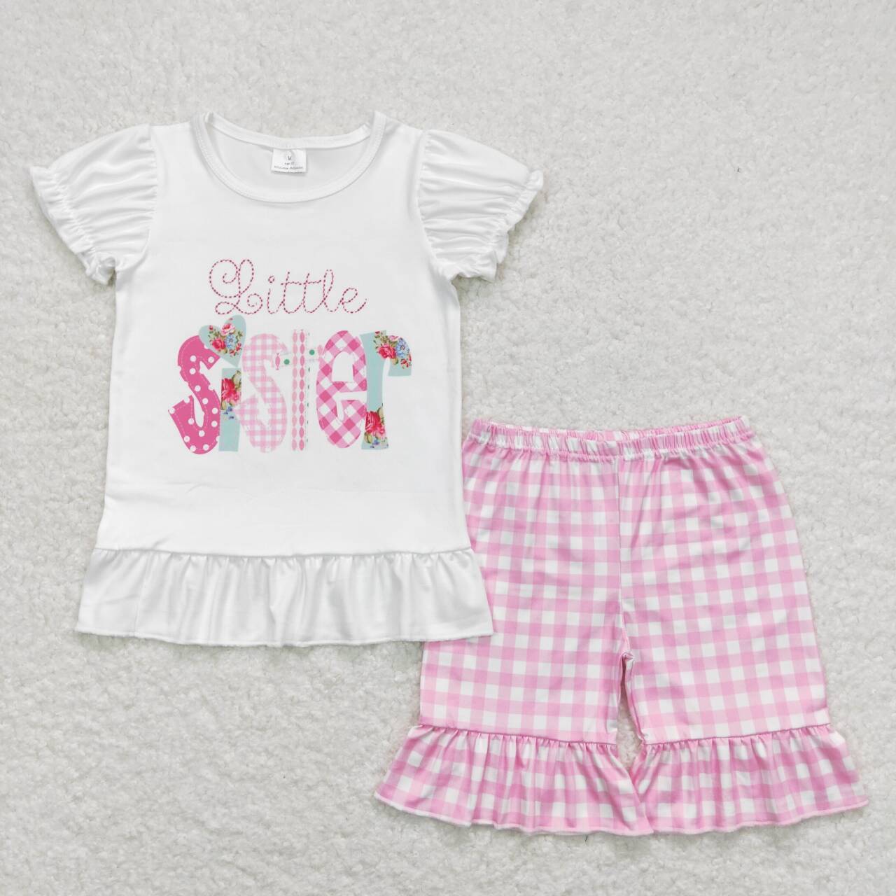 GSSO0621 Little Sister Top Pink Plaid Shorts Girls Summer Clothes Set