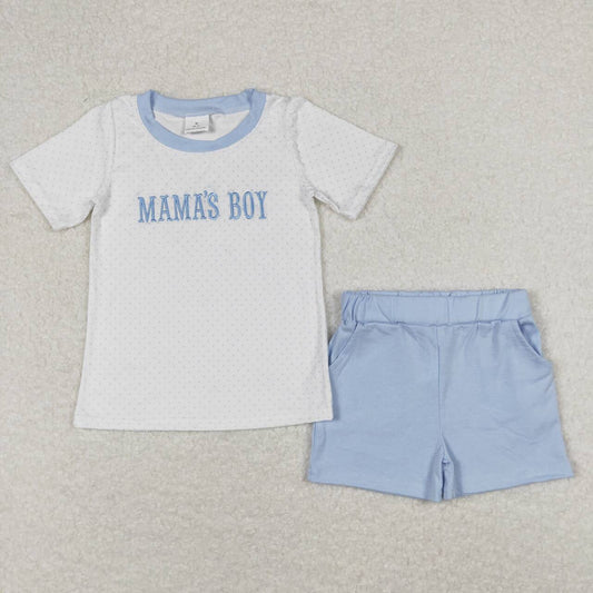 BSSO0570 MAMA'S BOY Embroidery Blue Shorts Boys Summer Clothes Set