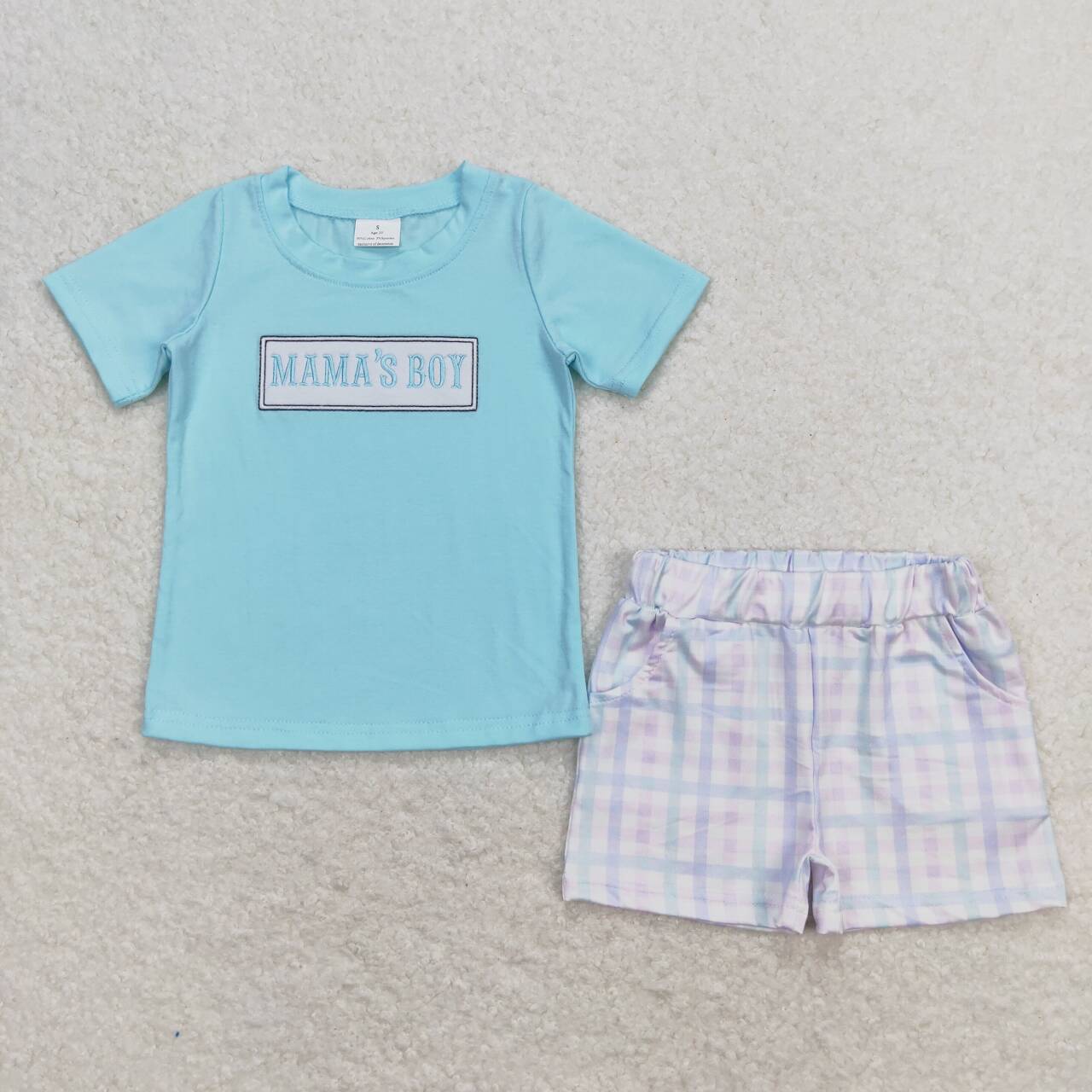 BSSO0624 MAMA'S BOY Embroidery Aqua Top Plaid Shorts Boys Summer Clothes Set