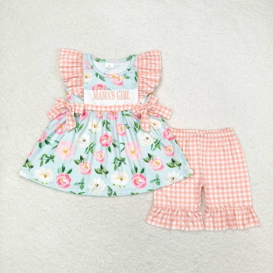 GSSO0803 MAMA'S GIRL Flowers Tunic Top Plaid Shorts Girls Sumemr Clothes Set
