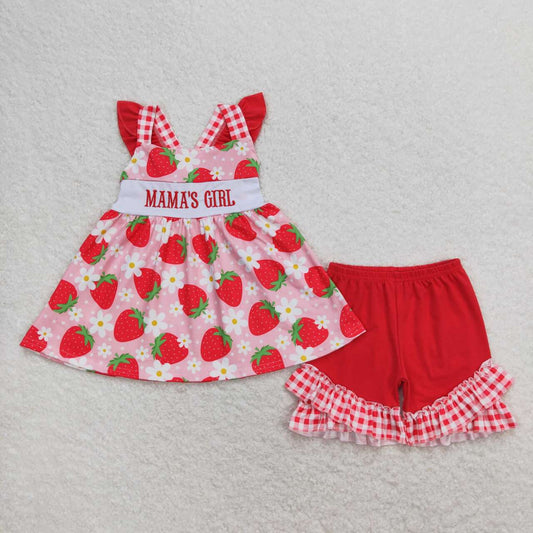 GSSO0835  MAMA'S GIRL Embroidery Strawberry Tunic Top Ruffle Shorts Girls Summer Clothes Set