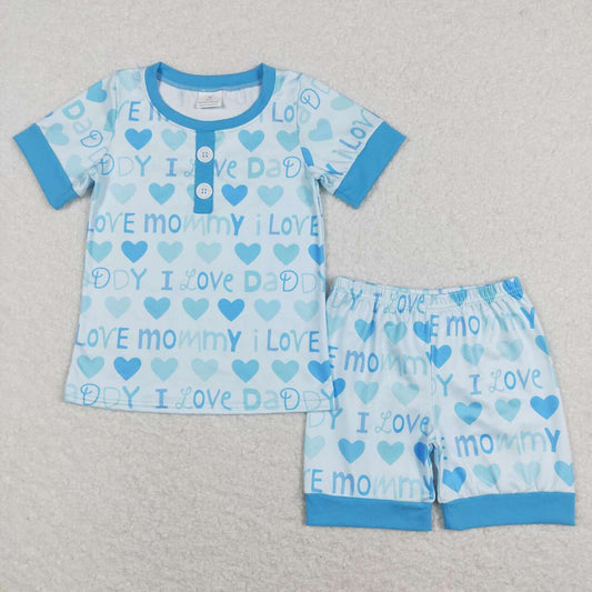 BSSO0411 I LOVE DADDY Mommy Blue Heart Print Shorts Boys Summer Pajamas Clothes Set