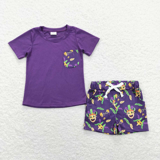 BSSO0467  Purple Pocket Top Clown Shorts Boys Mardi Gras Clothes Set