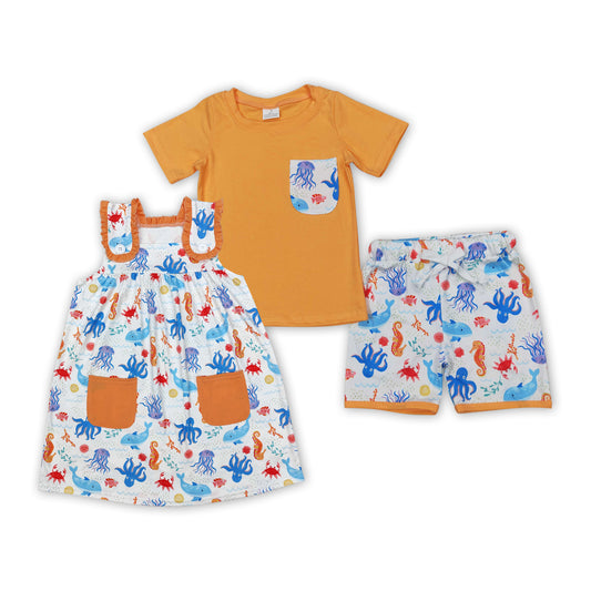 Marine Organism Orange Print Sibling Summer Clothes