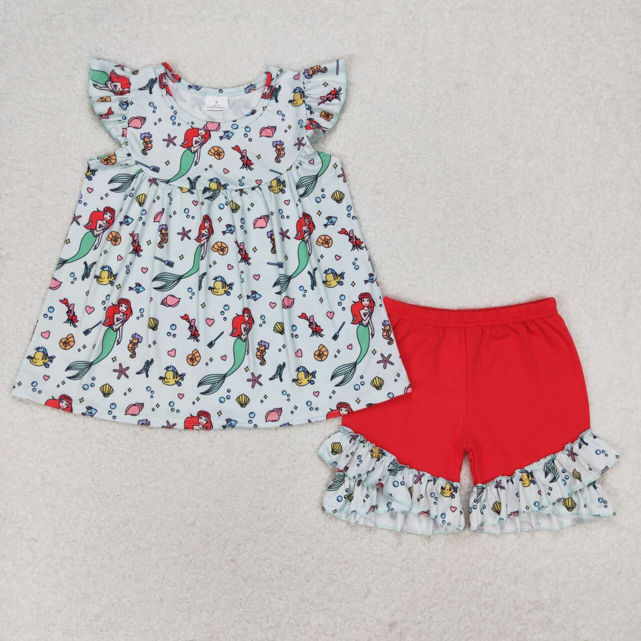 GSSO1043  Cartoon Mermaid Top Ruffle Shorts Girls Summer Clothes Set
