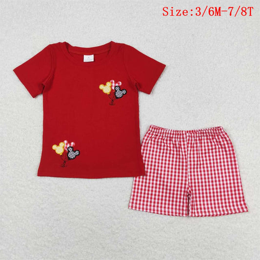 BSSO0652 Cartoon Mouse Embroidery Red Top Plaid Shorts Boys Summer Clothes Set