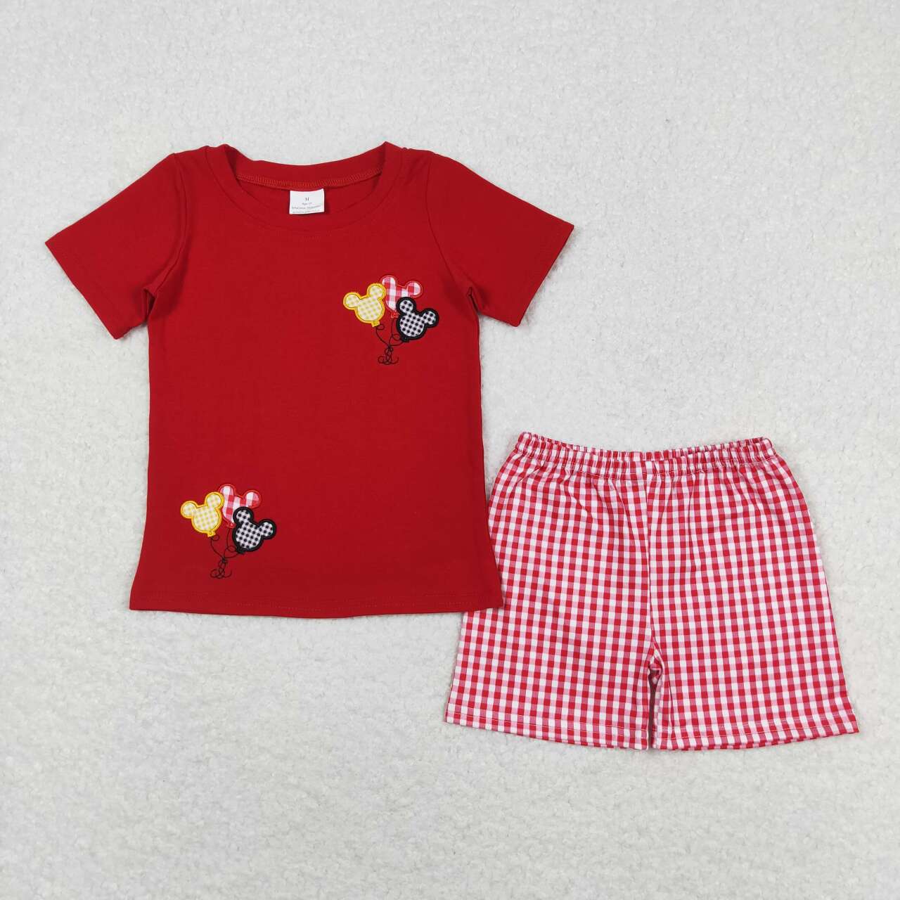 BSSO0652 Cartoon Mouse Embroidery Red Top Plaid Shorts Boys Summer Clothes Set