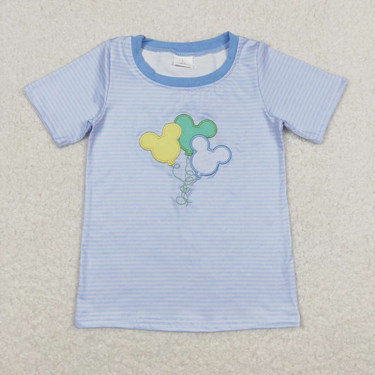 BT0482 Blue Stripes Cartoon Mouse Balloon Embroidery Boys Summer Tee Shirts Top