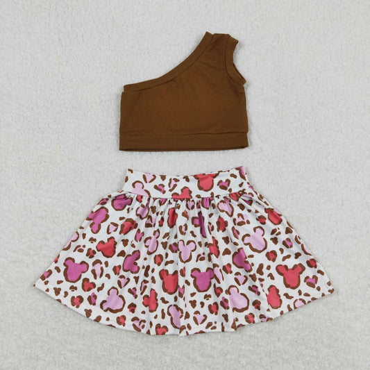 GSD0874 One Shoulder Brown Top Cartoon Mouse Print Girls Summer Skirts Clothes Set