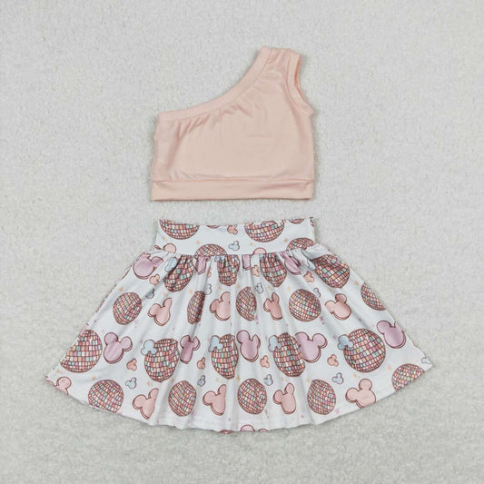 GSD0875 One Shoulder Pink Top Cartoon Mouse Print Girls Summer Skirts Clothes Set