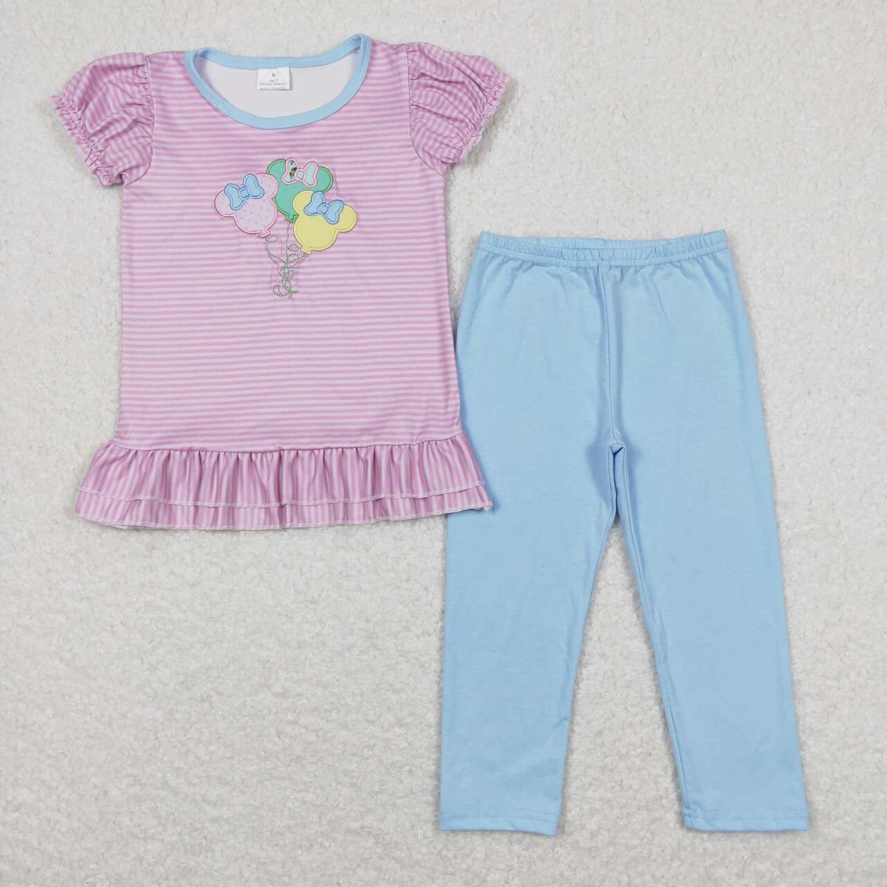 GSPO1104 Pink Stripes Cartoon Mouse Balloon Embroidery Top Blue Legging Pants Girls Clothes Set