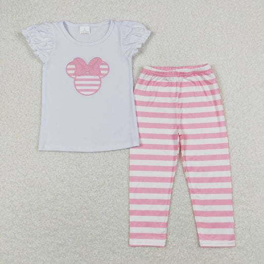 GSPO1198 Cartoon Mouse Embroidery Top Pink Stripes Legging Pants Girls Clothes Set