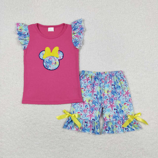 GSSO0629 Cartoon Mouse Embroidery Top Marine Organism Shorts Girls Summer Clothes Set