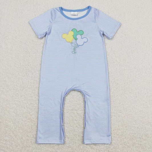 SR0612 Blue Stripes Cartoon Mouse Balloon Embroidery Baby Boys Summer Romper