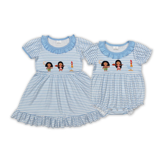 Cartoon Princess Moan* Blue Stripes Print Sisters Summer Matching Clothes