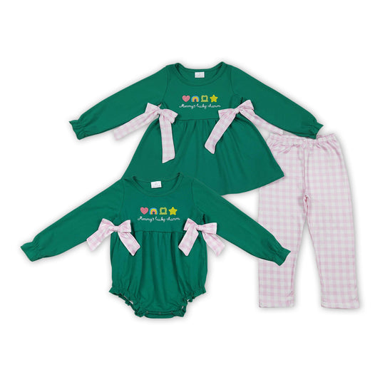 Mommy's Luck Charm Embroidery Green Girls St. Patrick's Day Matching Clothes Sisters Wear