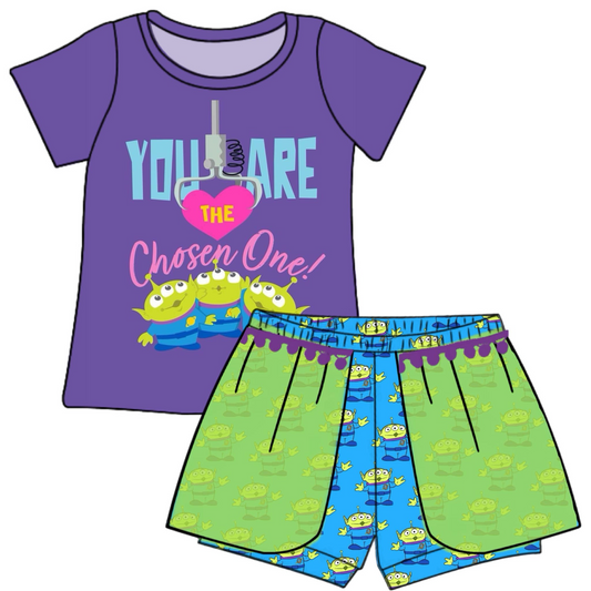 (Custom Design Preorder MOQ 5) Cartoon Monster Print Girls Summer Clothes Set