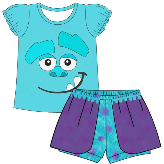 (Custom Design Preorder MOQ 5) Monster Print Girls Summer Clothes Set