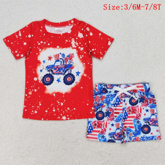 BSSO0583 Monster Truck Star Flag Print Boys 4th of July Clothes Set