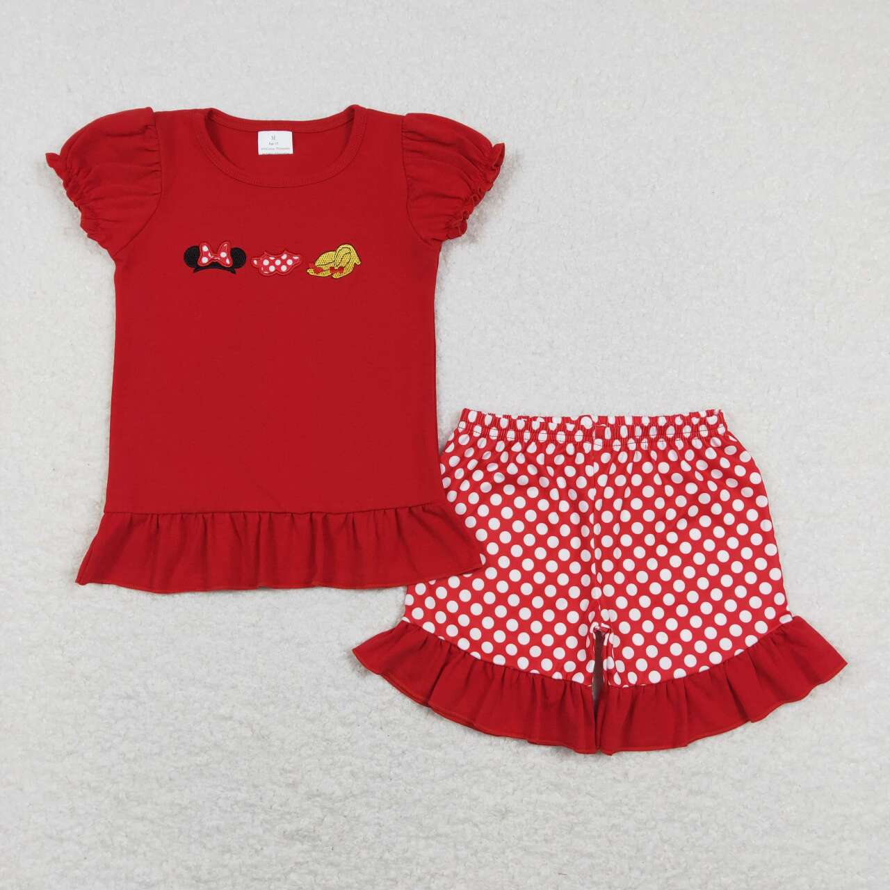 GSSO0450 Red Cartoon Mouse Embroidery Top Dots Shorts Girls Summer Clothes Set