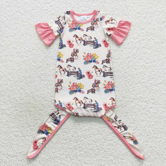 NB0021   Pink horse flowers print baby girls gown newborn clothes
