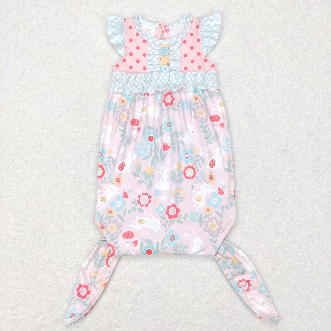 NB0033  Pink Flowers Bunny Print Baby Girls Easter Gown Newborn Clothes