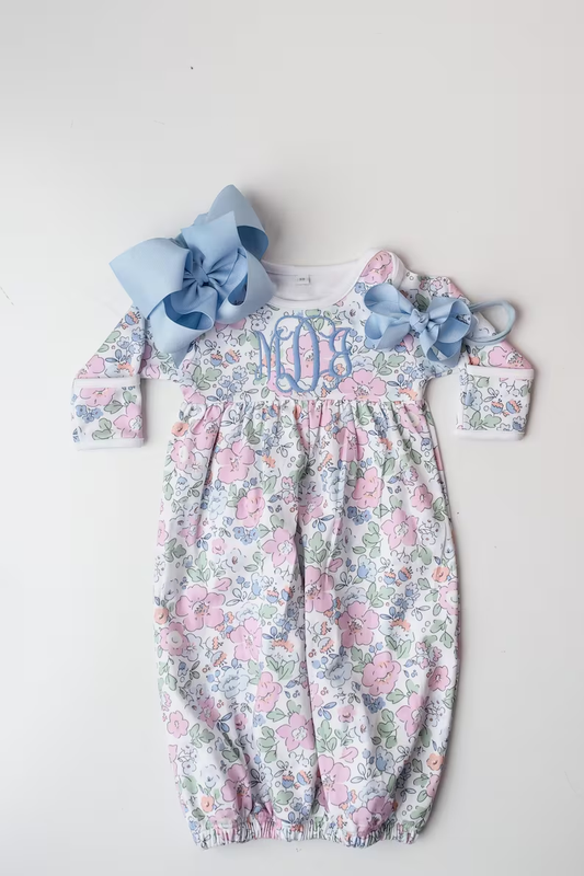 (Pre-order)NB0049 Pink Flowers Print Baby Girls Gown Newborn Clothes