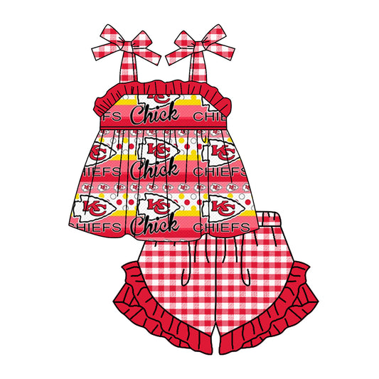 (Custom Design Preorder MOQ 5)NO. (26)  Football Team's Print Girls Summer Clothes Set