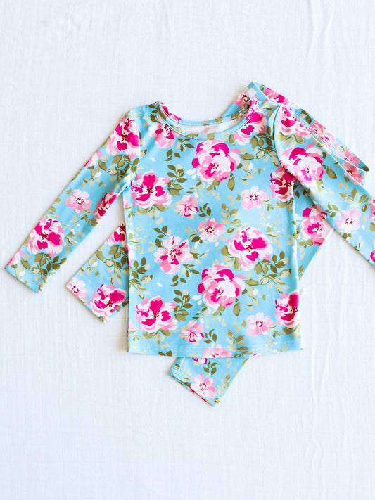 NO.11 (Custom Design Preorder MOQ 5) Blue Flowers Print Girls Pajamas Clothes Set