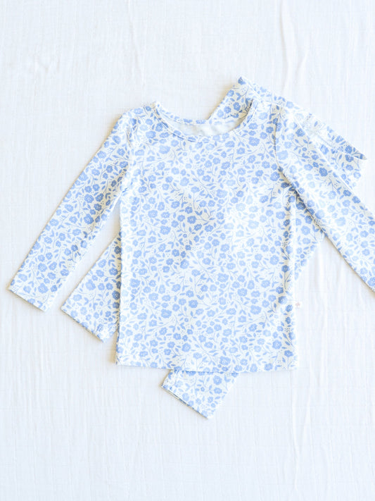 NO.8 (Custom Design Preorder MOQ 5) Small Blue Flowers Print Girls Pajamas Clothes Set