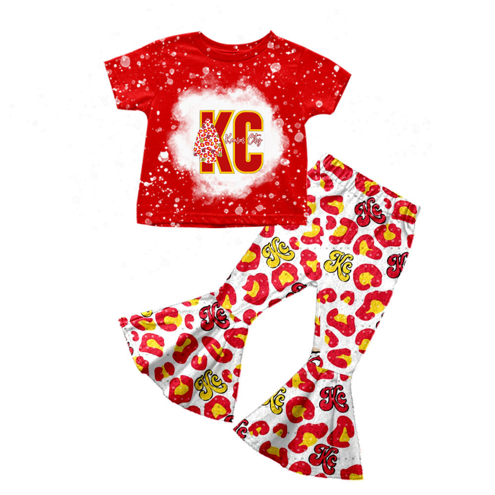 (Custom Design Preorder MOQ 5)NO. (9)  Football Team's Print Girls Bell Pants Clothes Set