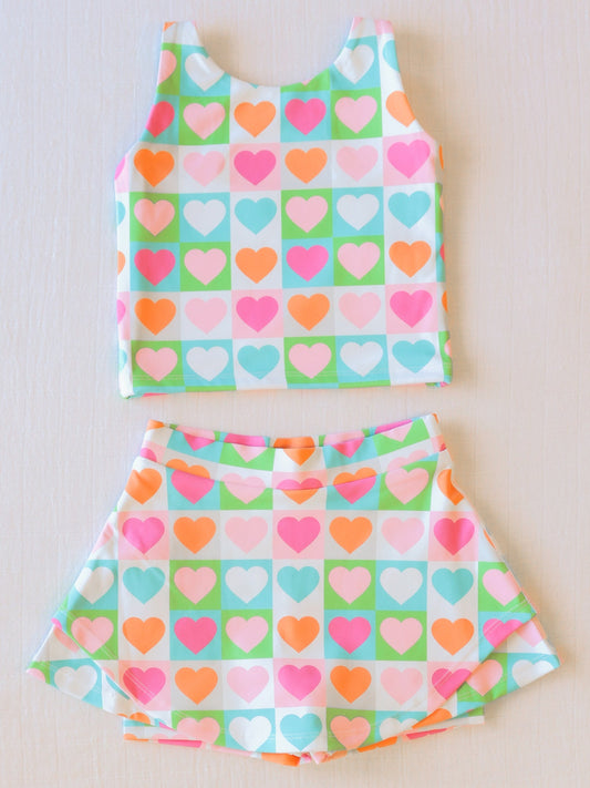 NO.18 (Custom Design Preorder MOQ 5)  Colorful Hearts Plaid Print Girls 2 Pieces Sports Swimsuits