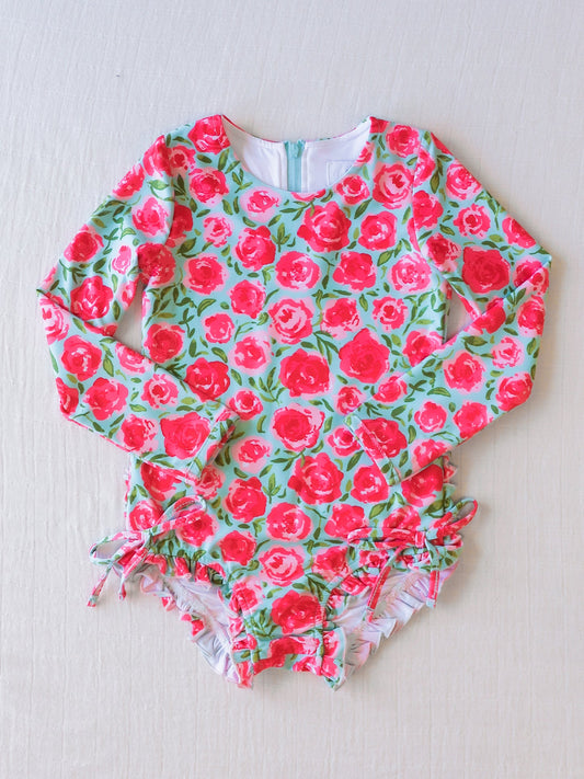 NO.20 (Custom Design Preorder MOQ 5)  Flowers Print Girls 1 Piece Long Sleeve Swimsuits